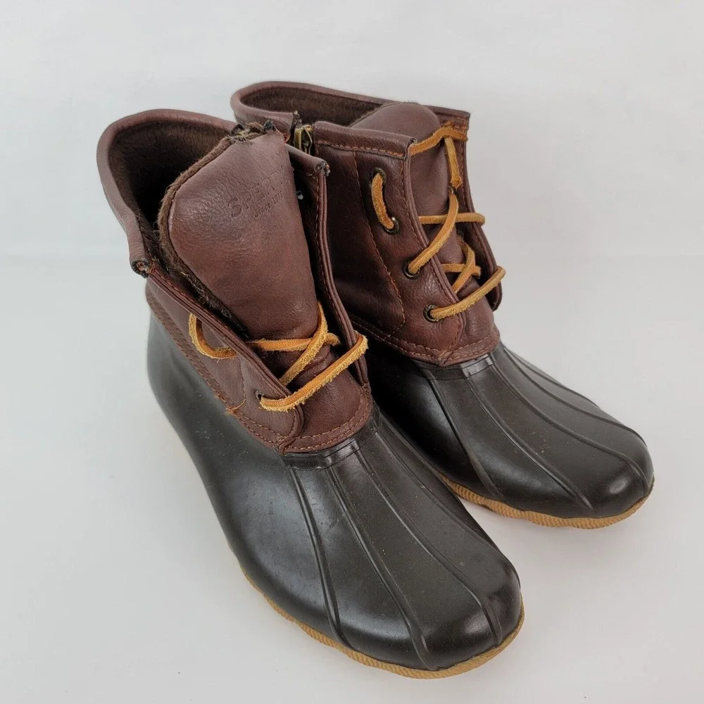 Sperry Duck Boots Girls‎ 4 Topsides Saltwater Brown Leather Side Zip YG55362